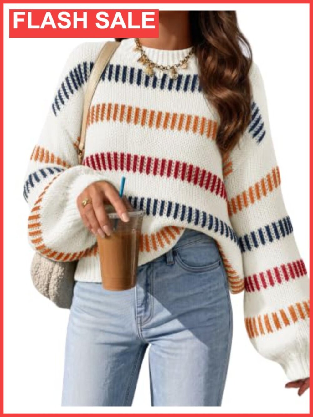 ZESICA Striped Knit Pullover Sweater Loose Fit Crew Neck Lantern Sleeve Fall